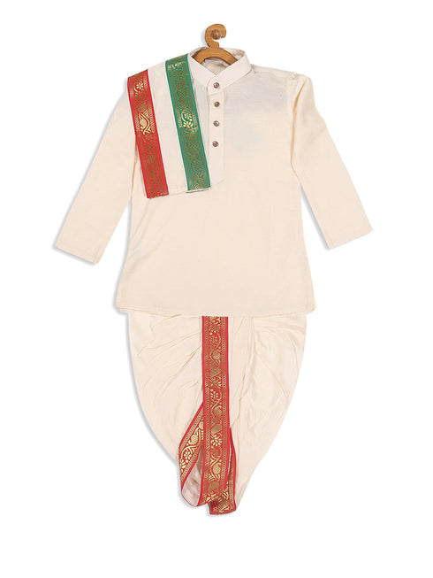 Vastramay SISHU Boy's Cream-Colored Kurta With Dhoti Pants & Dupatta Set